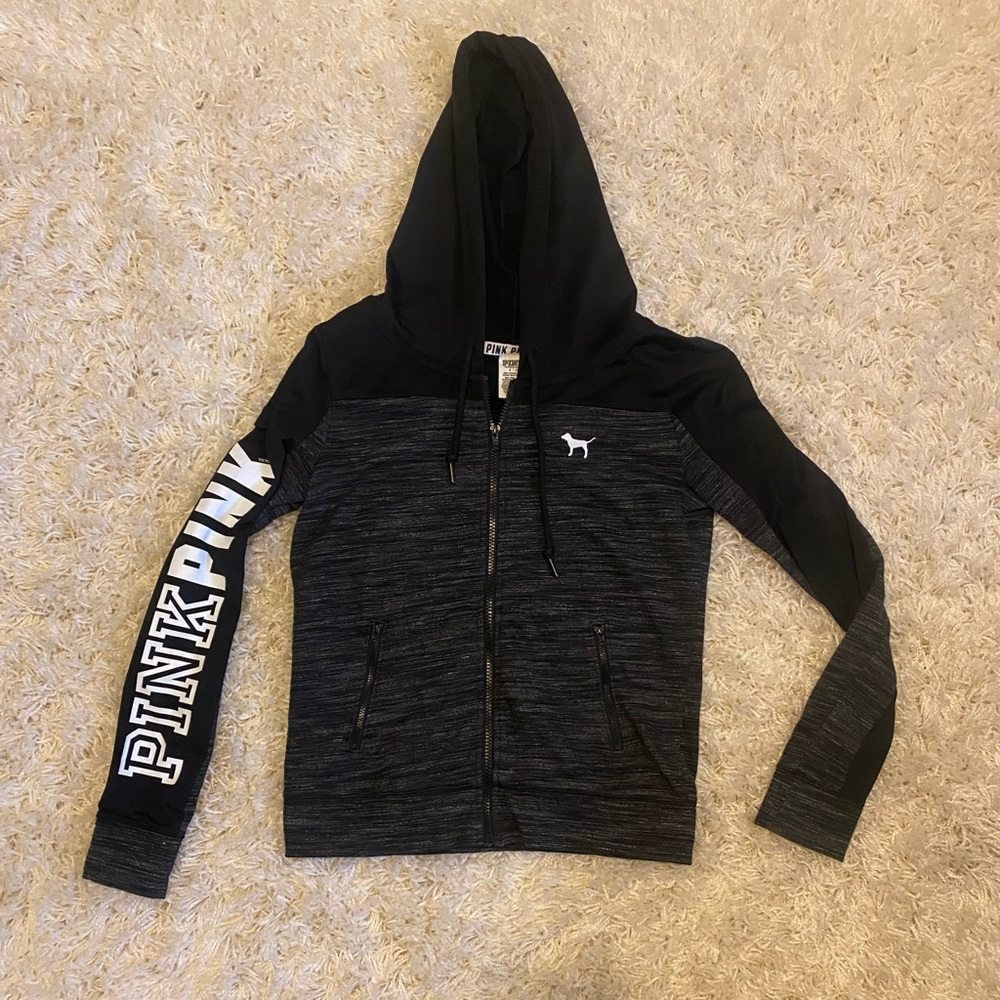 Dark gray and black PINK Victoria’s Secret zip hoodie with zip pockets
